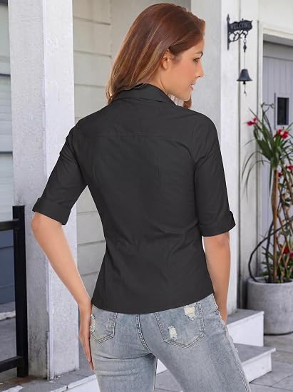 HOTOUCH Women's 3/4 Sleeve Cotton Button Down Shirt