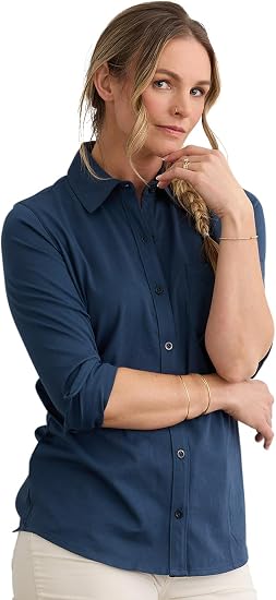 Fair Indigo Women's 100% Organic Pima Cotton Long Sleeve Knit Button Down Shirt