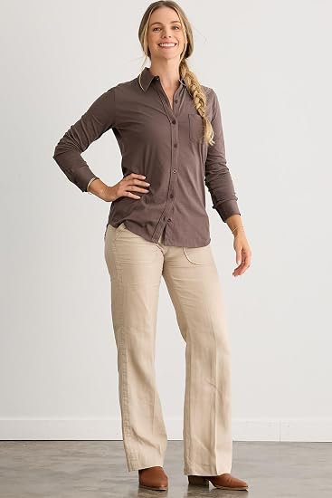 Fair Indigo Women's 100% Organic Pima Cotton Long Sleeve Knit Button Down Shirt