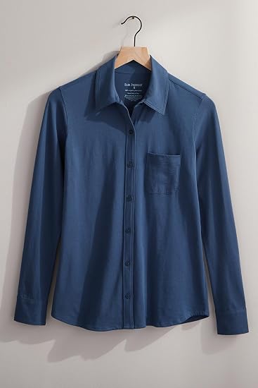 Fair Indigo Women's 100% Organic Pima Cotton Long Sleeve Knit Button Down Shirt
