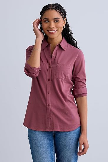 Fair Indigo Women's 100% Organic Pima Cotton Long Sleeve Knit Button Down Shirt