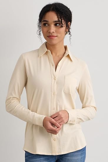 Fair Indigo Women's 100% Organic Pima Cotton Long Sleeve Knit Button Down Shirt